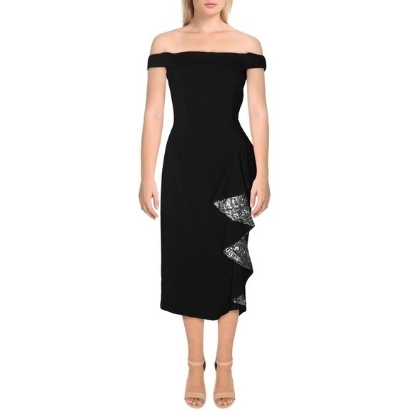 Womenâs Carmen Marc Valvo Sequined Ruffled Cocktail Dress Black Size 12